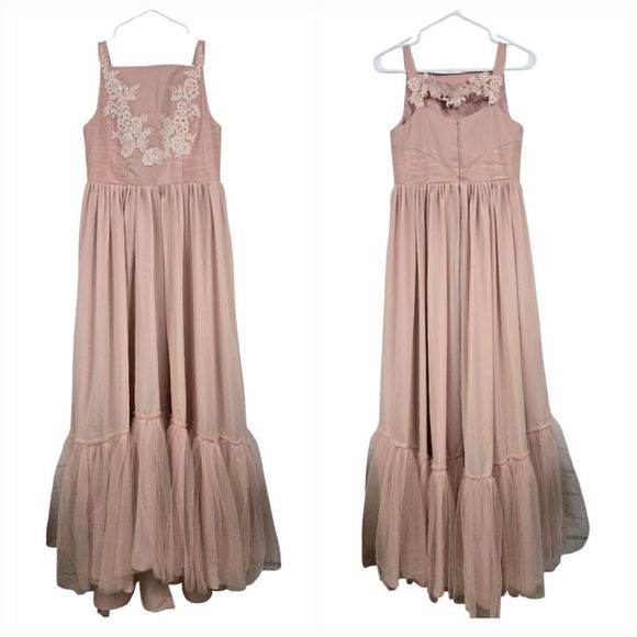 Girls Fairy Renaissance Maxi Dress Embroidered Pink Ruffled Hem Formal Dressy - Picture 2 of 11